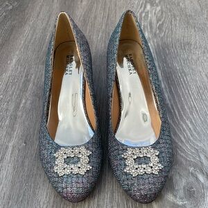 Badgley Mischka Milah Buckle Pewter Rhinestone Heels Size 5
